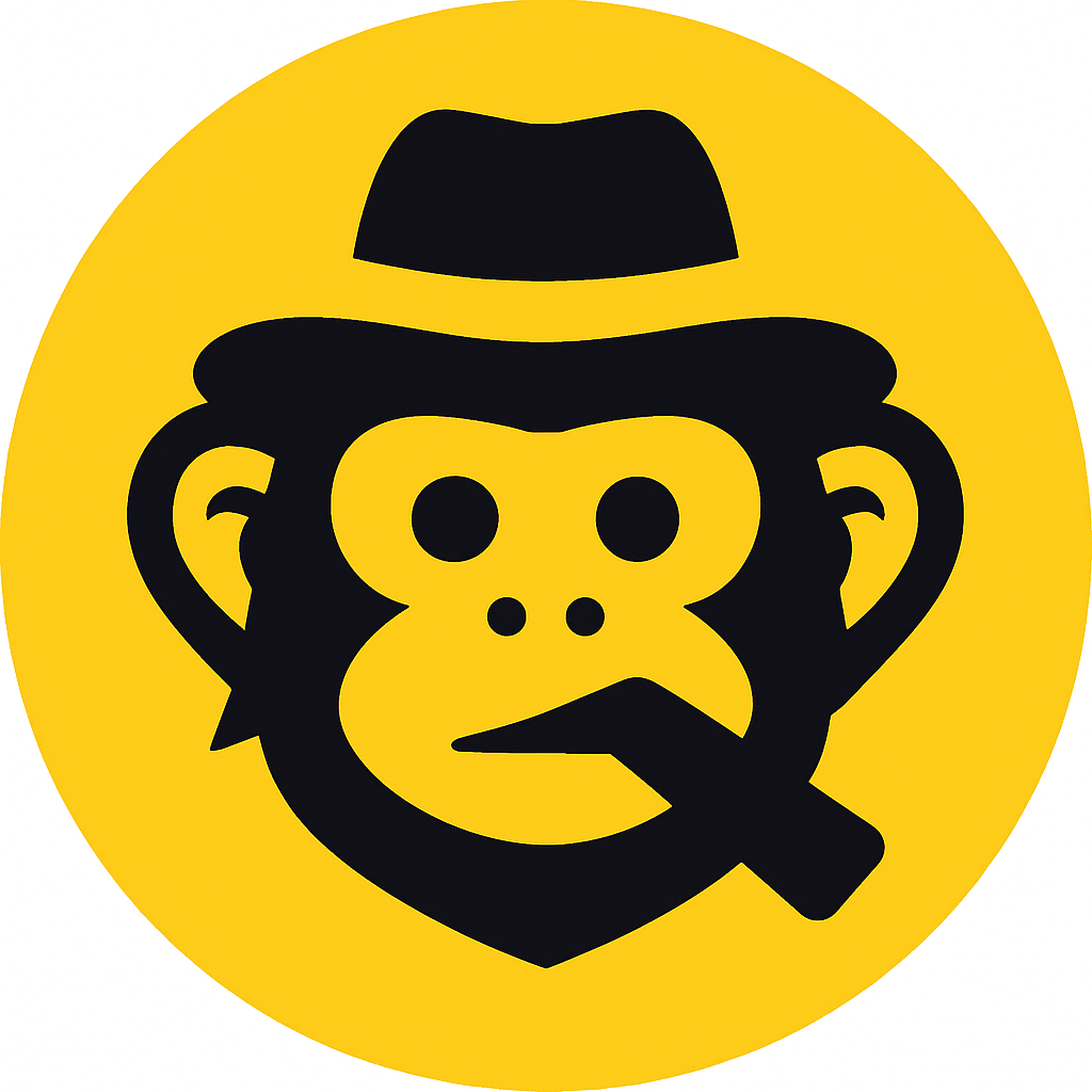 SkinsMonkey Ci logo - A stylized monkey face with CS2 weapon skins as a background