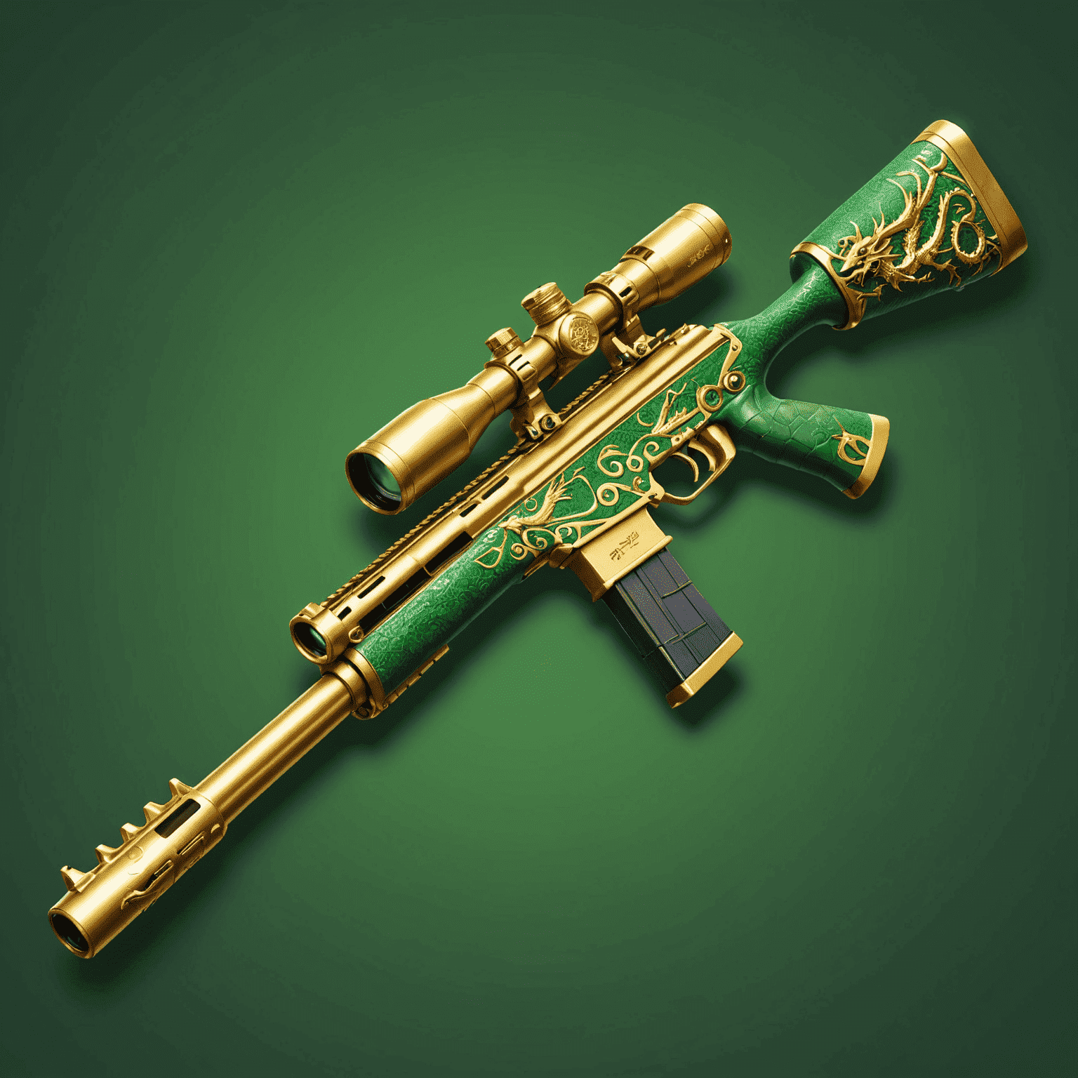 A pristine Dragon Lore AWP skin with intricate golden dragon designs on a green background