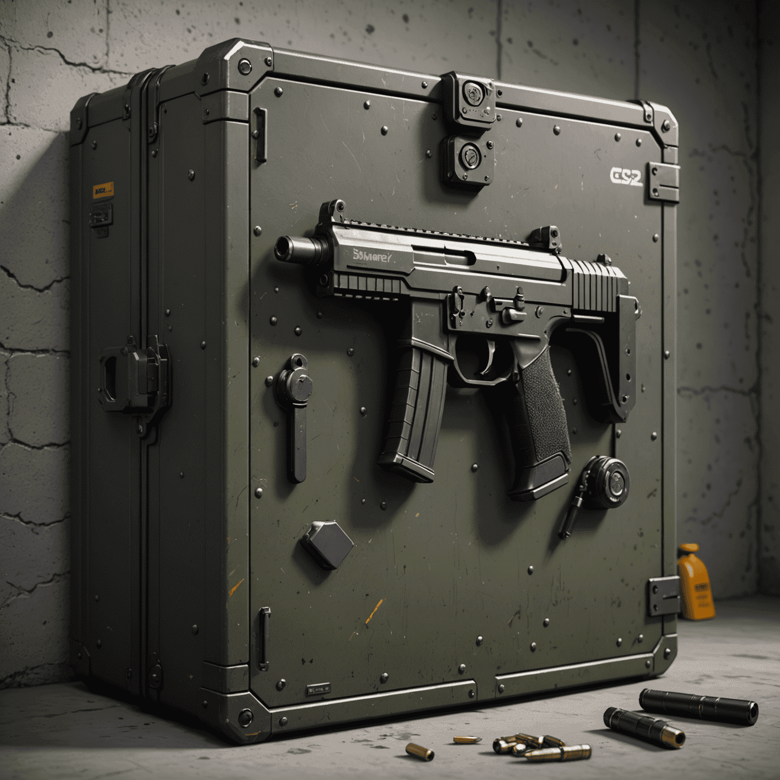 A digital vault with CS2 weapon skins floating into it, representing the secure deposit process on SkinsMonkey Ci
