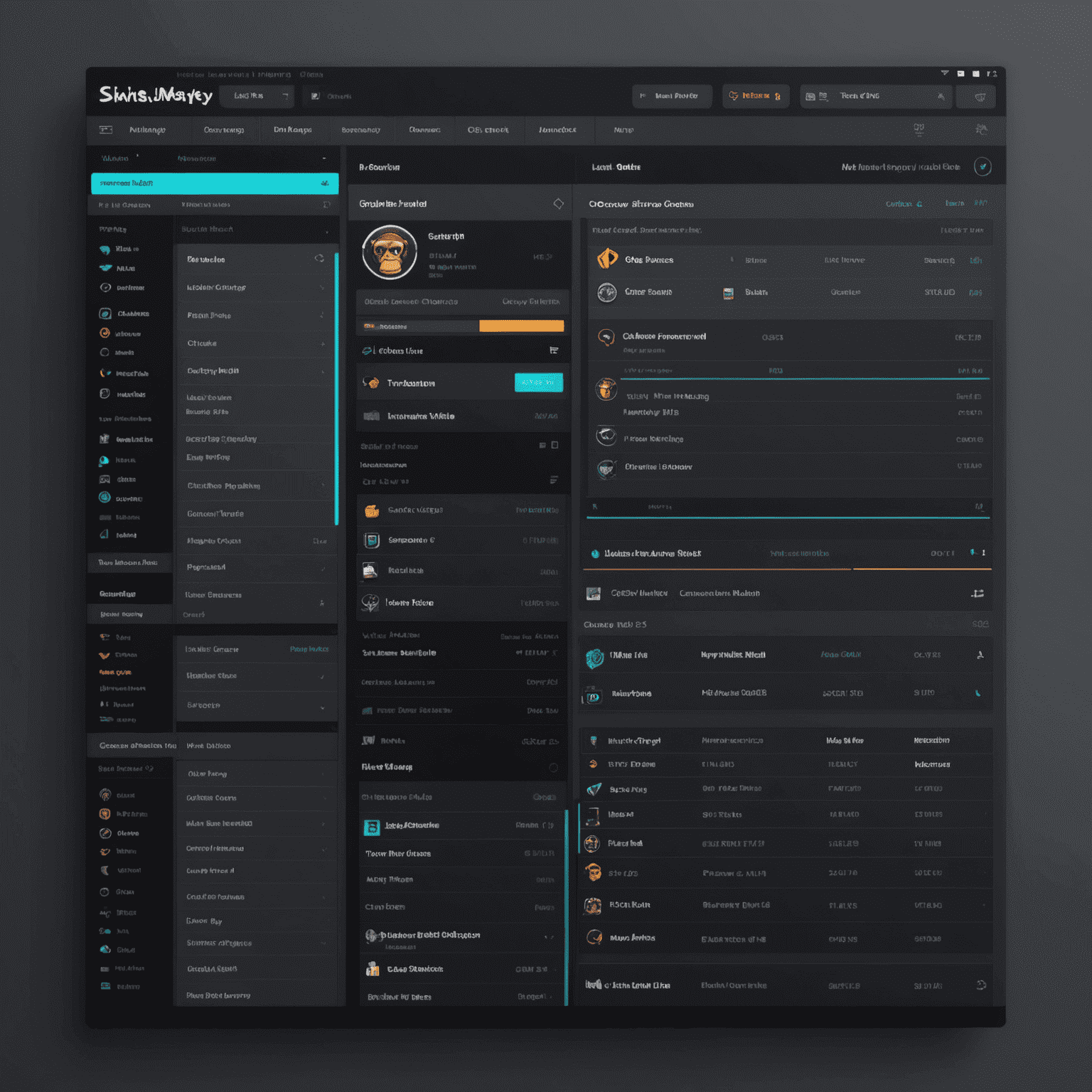 A sleek, dark-themed trading interface for SkinsMonkey Ci, showing a list of CS2 skins with their prices, condition, and trade options. The interface includes neon accents and clear, bold typography for easy navigation.