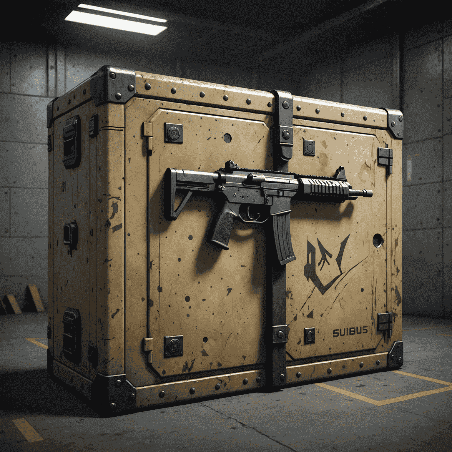 A secure vault with CS2 weapon skins floating around it, symbolizing the security measures protecting valuable in-game items on SkinsMonkey Ci