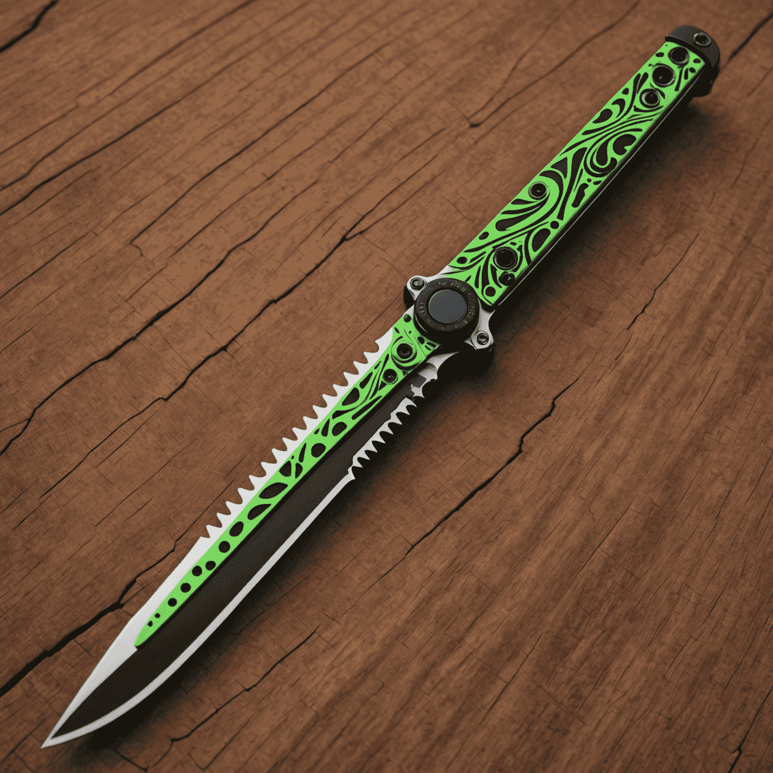 A vibrant Butterfly Knife with swirling green and black Gamma Doppler pattern