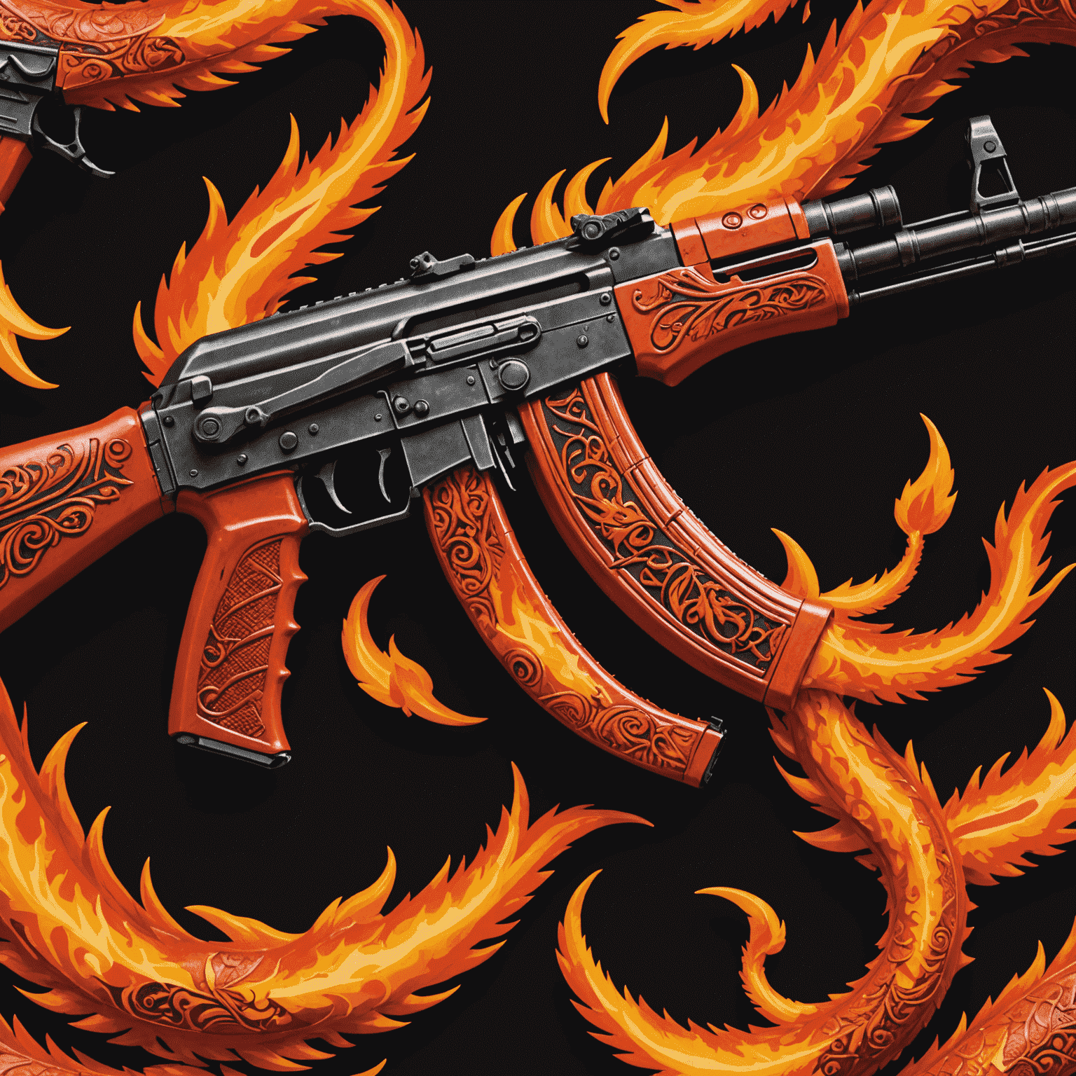 An AK-47 with a detailed fire serpent design in vibrant red and orange hues